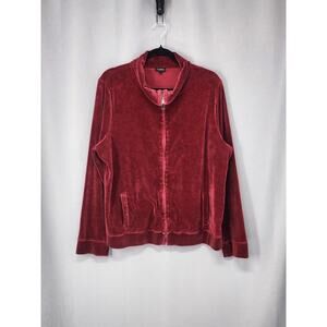 Talbots Jacket Womens XL Red Velour Full Zip Mock Neck Pockets Soft Lounge